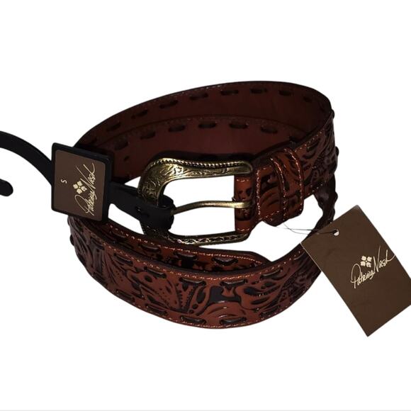 Patricia Nash Amelia Tan Tooled‎ Leather Whipstitch Western Belt Small NWT